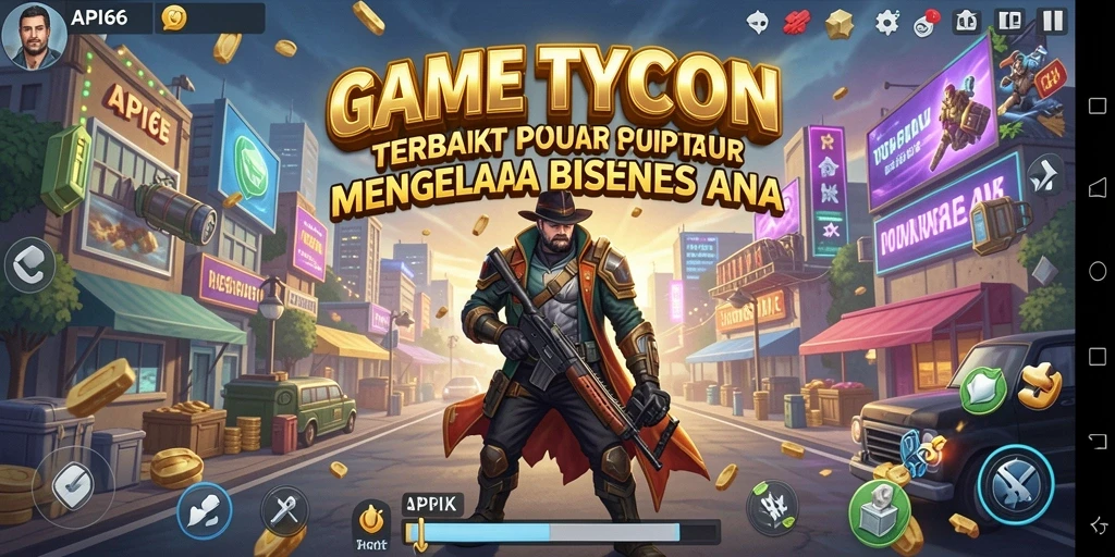 Screenshot gameplay API66 menunjukkan aksi manajemen bisnis yang intens.
