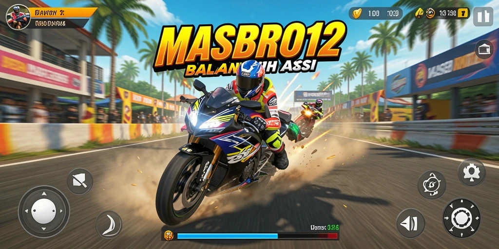 Screenshot gameplay <strong>MASBRO12</strong> menampilkan balapan motor yang seru dan menegangkan.