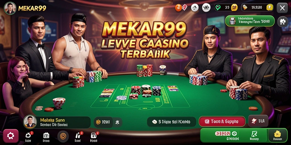 Screenshot gameplay MEKAR99 menampilkan dealer langsung dan suasana permainan yang menyenangkan.